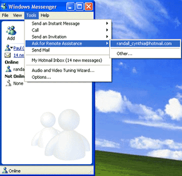 Starting Remote Assistance with Windows Messenger