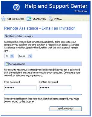 Remote Assistance – – E–Mail an Invitation Page